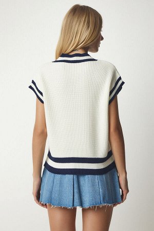 Женский трикотажный свитер оверсайз цвета экрю, темно-синий в полоску, PF00013