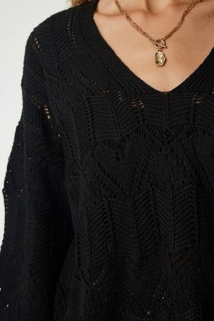 Женский черный ажурный трикотажный свитер с v-образным вырезом PN00079
