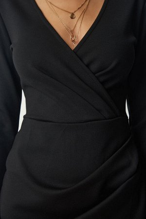 Женское стильное тканое платье с запахом и воротником-стойкой UB00131