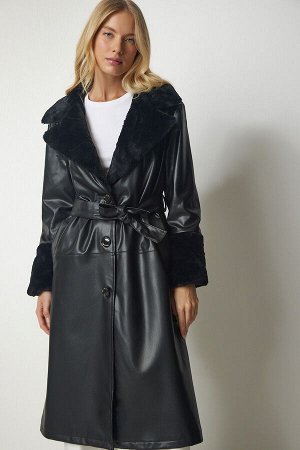 Женское черное пальто из искусственной кожи с меховым воротником RV00140