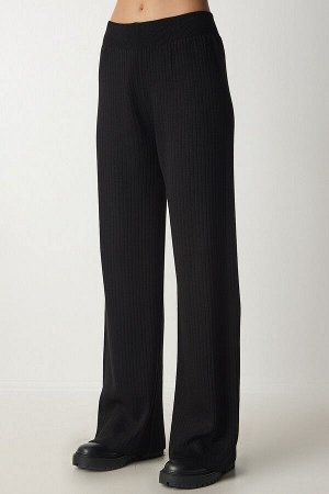 Женские черные трикотажные брюки в рубчик K_00096