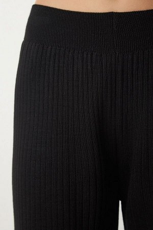 Женские черные трикотажные брюки в рубчик K_00096