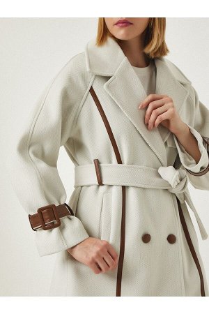 Женское шерстяное длинное кашемировое пальто премиум-класса с кожаной окантовкой и поясом, fn03096