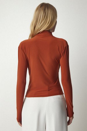 Женская блузка песочного цвета с высоким воротником и завязками в виде плитки FF00135