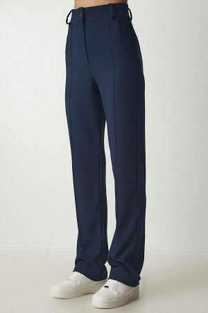 Женские удобные трикотажные брюки с высокой талией темно-синего цвета rv00132