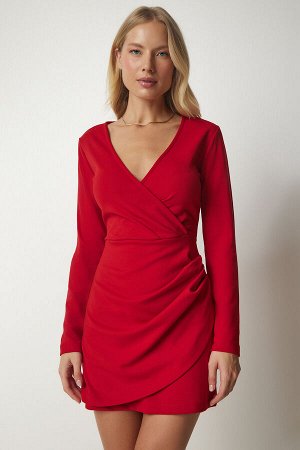 Женское красное элегантное тканое платье с запахом шеи UB00131