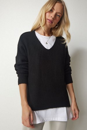 Женский черный текстурированный трикотажный свитер с v-образным вырезом PF00011