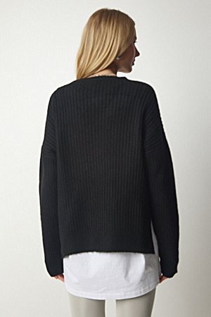 Женский черный текстурированный трикотажный свитер с v-образным вырезом PF00011