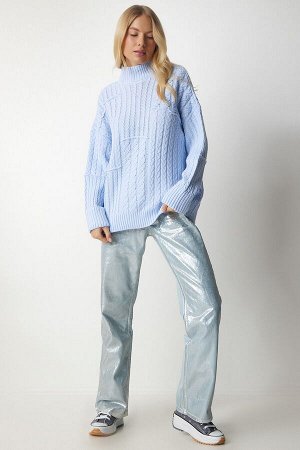 Женский вязаный свитер с высоким воротником небесно-голубого цвета MX00132