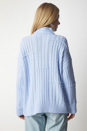 Женский вязаный свитер с высоким воротником небесно-голубого цвета MX00132