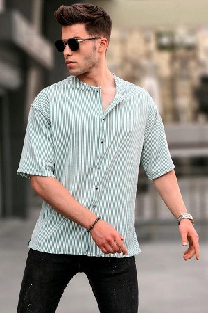 Мятно-зеленая рубашка в полоску с коротким рукавом и воротником 5863