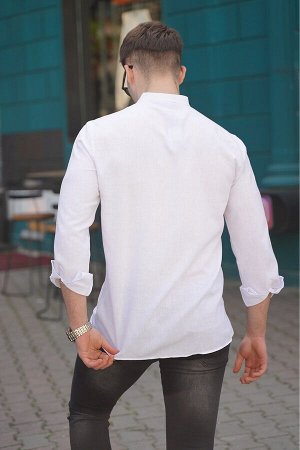 Мужская белая однотонная рубашка с длинным рукавом 5548