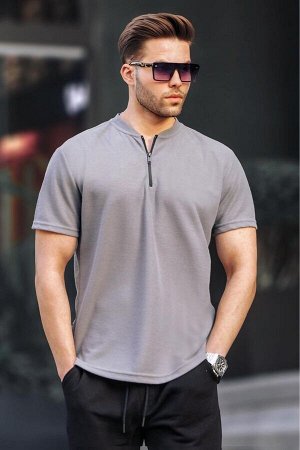 Мужская футболка дымчатого цвета с воротником-молнией 6086