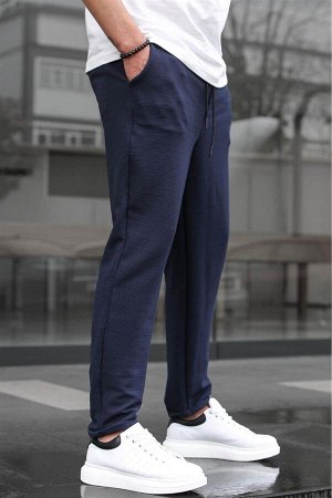 Темно-синие базовые мужские брюки из вафельной ткани 6509