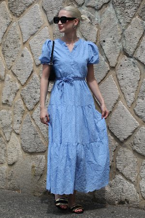 Синее длинное платье с объемными рукавами MG1859