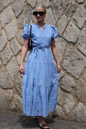 Madmext Синее длинное платье с объемными рукавами MG1859