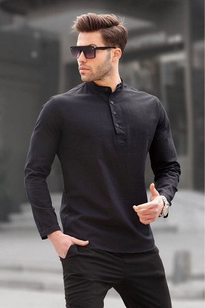 Черная льняная мужская рубашка стандартного кроя 5586