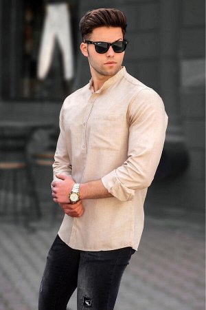 Мужская кремовая льняная однотонная рубашка с длинным рукавом 5548