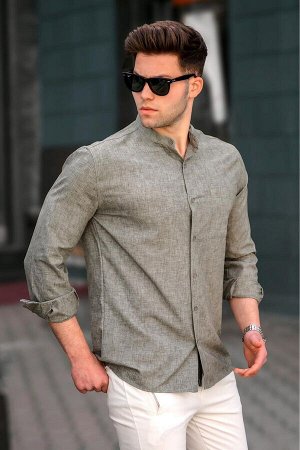 Мужская льняная однотонная рубашка цвета хаки с длинным рукавом 5548