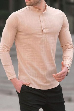 Бежевая льняная мужская рубашка стандартного кроя 5586