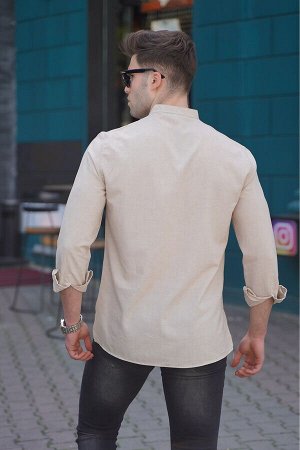 Мужская бежевая льняная однотонная рубашка с длинным рукавом 5548