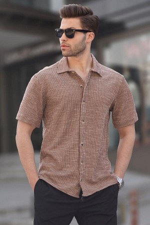 Коричневая мужская рубашка в полоску с коротким рукавом 5595