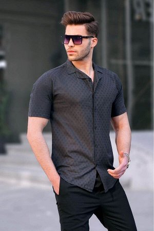 Черная приталенная мужская рубашка с коротким рукавом из 100% хлопка 5585