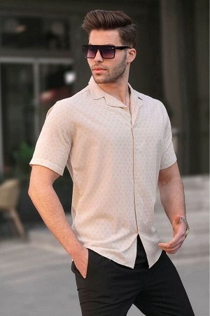 Бежевая приталенная мужская рубашка с коротким рукавом из 100% хлопка 5585