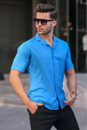 Синяя приталенная мужская рубашка из 100% хлопка с коротким рукавом 5585