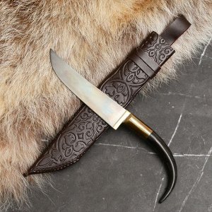 Нож Пчак Шархон - Чирчик, сайгак изогнутый, гарда олово гравировка. ШХ-15 (11-12 см)