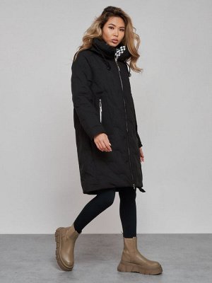 Пальто утепленное молодежное зимнее женское черного цвета 59121Ch