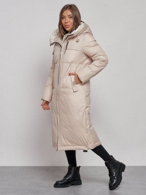 Пальто утепленное молодежное зимнее женское бежевого цвета 59120B