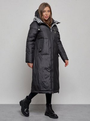 Пальто утепленное молодежное зимнее женское черного цвета 59120Ch