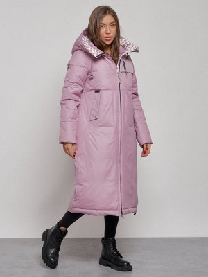 Пальто утепленное молодежное зимнее женское фиолетового цвета 59120F