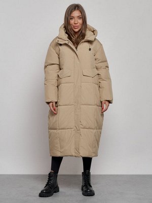 Пальто утепленное молодежное зимнее женское бежевого цвета 52396B