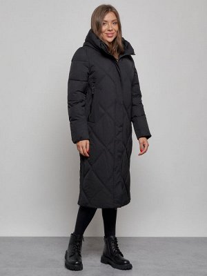 Пальто утепленное молодежное зимнее женское черного цвета 52358Ch