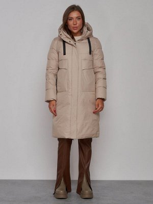 Пальто утепленное молодежное зимнее женское бежевого цвета 52331B