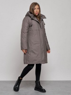 Пальто утепленное с капюшоном зимнее женское темно-серого цвета 52333TC