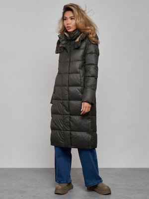 Пальто утепленное молодежное зимнее женское цвета хаки 57997Kh