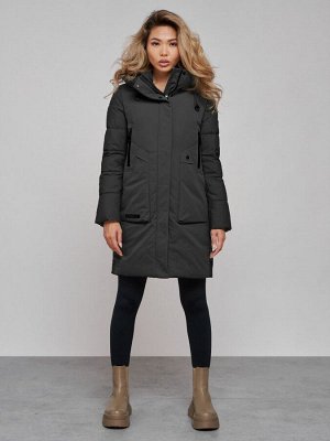 Зимняя женская куртка молодежная с капюшоном темно-серого цвета 589006TC