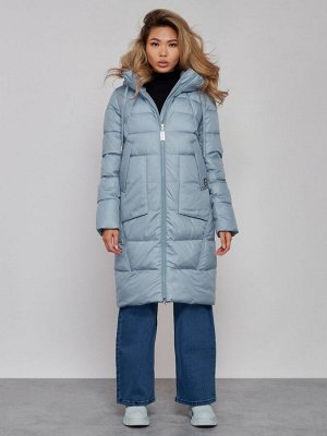 Пальто утепленное молодежное зимнее женское голубого цвета 589098Gl