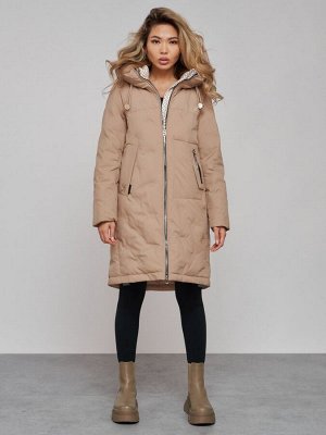 Пальто утепленное молодежное зимнее женское бежевого цвета 59122B