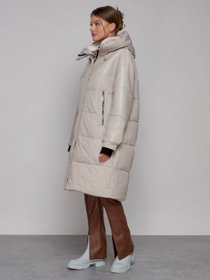 Пальто утепленное молодежное зимнее женское бежевого цвета 51131B