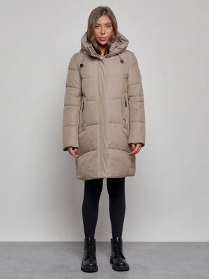 Пальто утепленное молодежное зимнее женское бежевого цвета 52363B