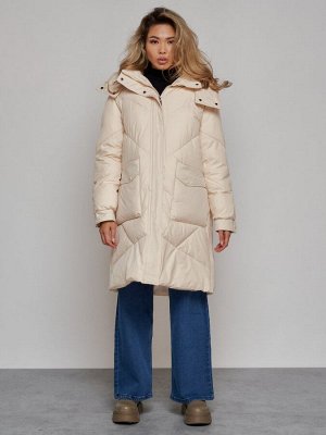 Пальто утепленное молодежное зимнее женское бежевого цвета 52321B