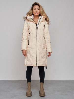 Пальто утепленное молодежное зимнее женское бежевого цвета 59121B