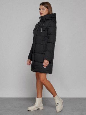 Пальто утепленное с капюшоном зимнее женское черного цвета 52429Ch