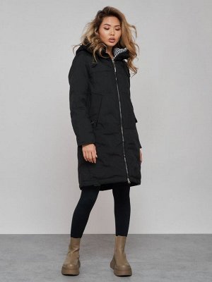 Пальто утепленное молодежное зимнее женское черного цвета 59122Ch