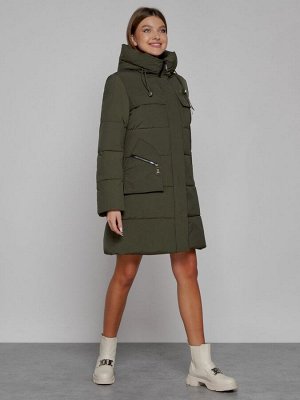 Пальто утепленное с капюшоном зимнее женское цвета хаки 52429Kh