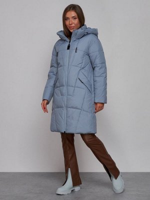 Пальто утепленное молодежное зимнее женское голубого цвета 586826Gl